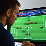 **

"A focused FC Online player intensely analyzing the mini-map, illuminated by the screen's glow, anticipating the opponent's next move, emphasizing strategic awareness and quick decision-making."

**