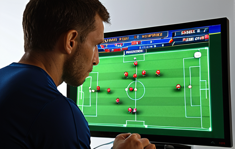 **
"A focused FC Online player intensely analyzing the mini-map, illuminated by the screen's glow, anticipating the opponent's next move, emphasizing strategic awareness and quick decision-making."
**